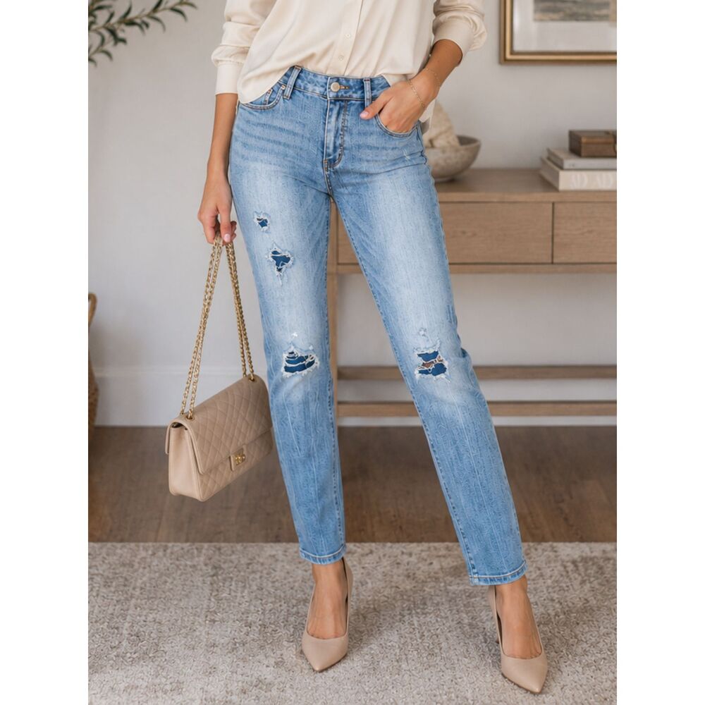 White House Black Market Slim Distressed Jeans Light Wash Stretch Size 0R Denim